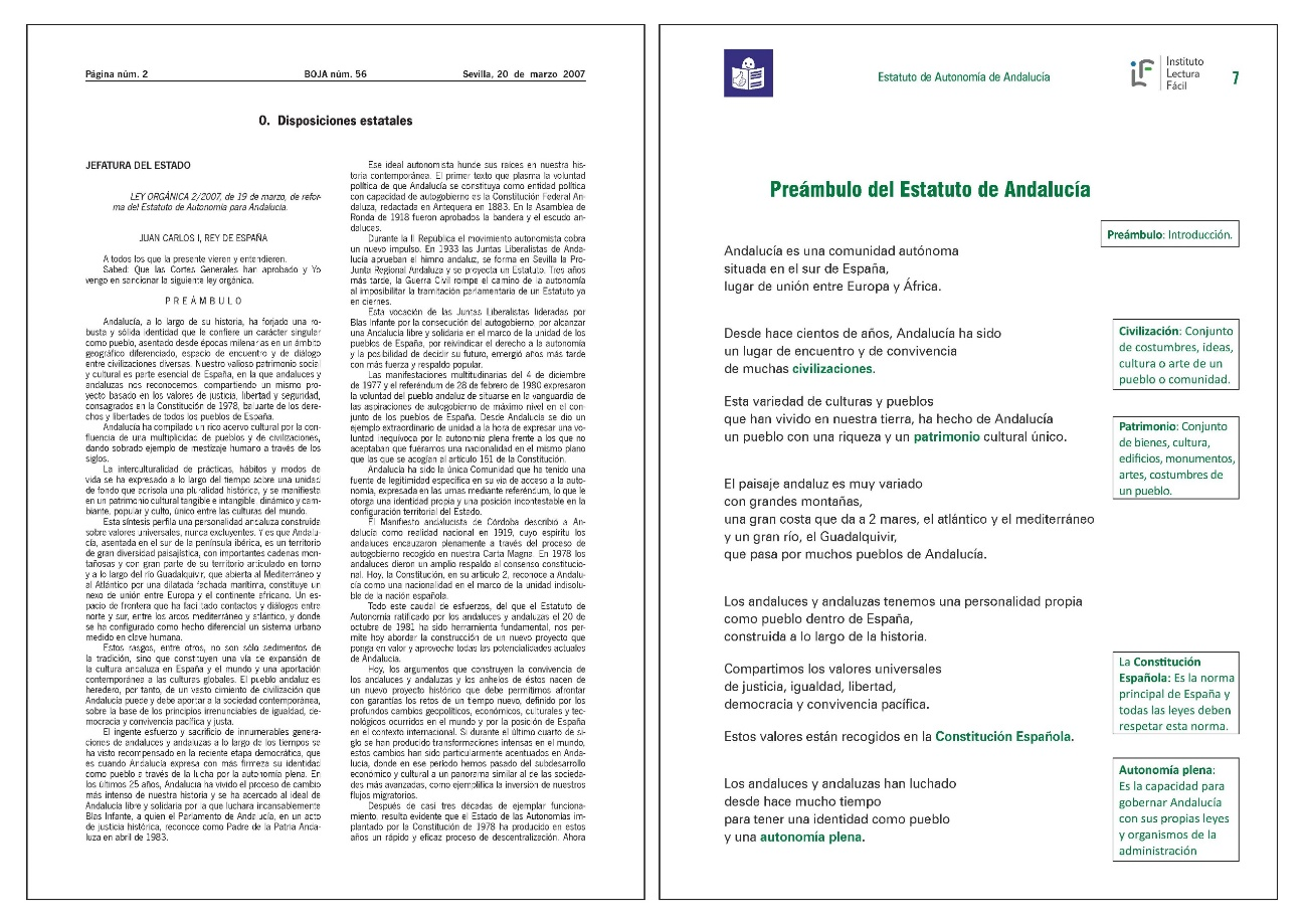 Fragmento de texto original y versión en LF del Estatuto de Autonomía de Andalucía