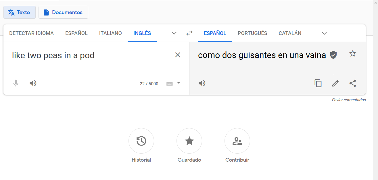 Raw MT is not always ready to use: The English idiom like two peas in a pod, meaning ‘very similar’, is literally translated into Spanish